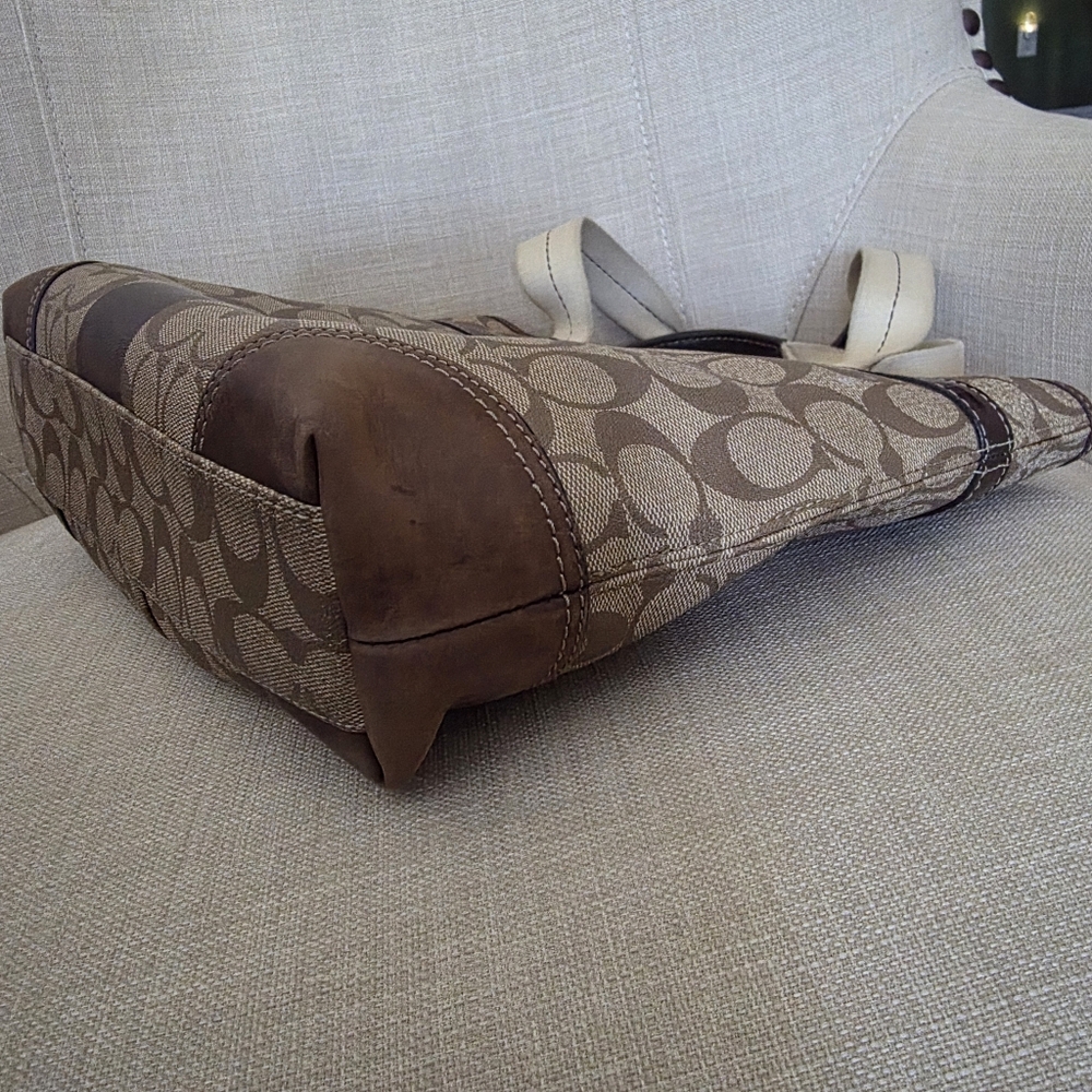 Coach Brown Signature Canvas Tote with Red Logo and Dark Brown Stripe - Picture 14 of 16